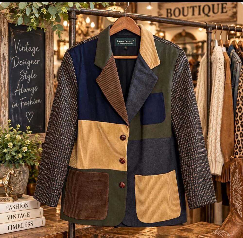 Vintage Harve Benard Womens Patchwork Blazer Corduroy Tweed Colorblock L XL